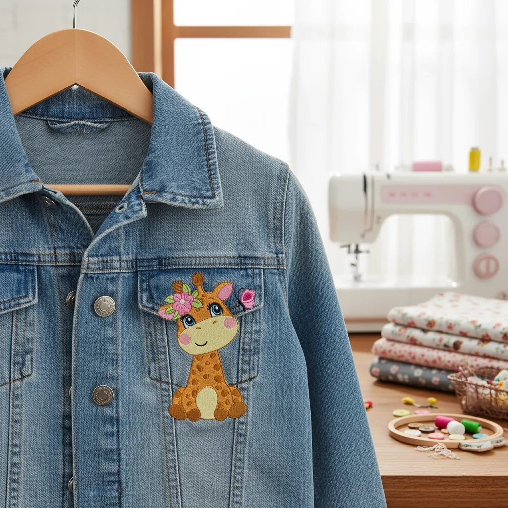 Matriz de Bordado Girafinha com Laço Floral e Borboleta – Ponto Cheio