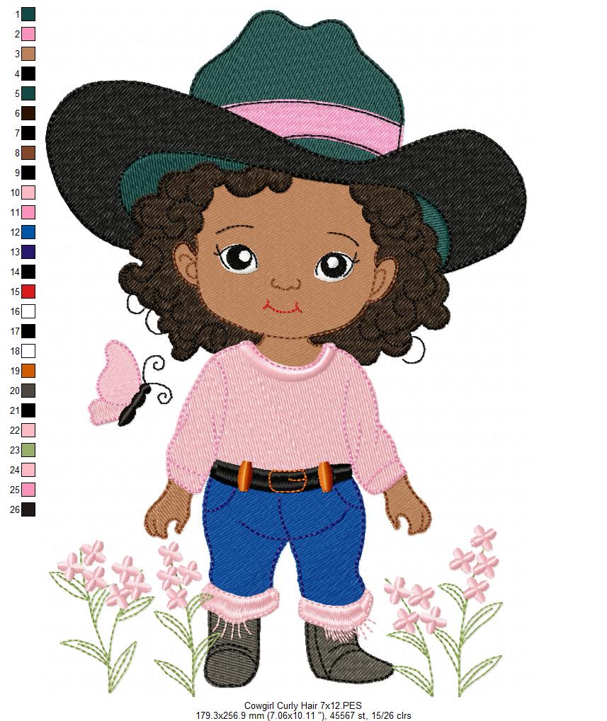Matriz de Bordado Cowgirl Cacheada entre Flores – Ponto Cheio