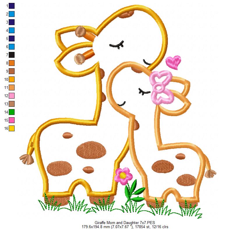 Matriz de Bordado Mamãe e Filhote de Girafa com Laço – Aplique