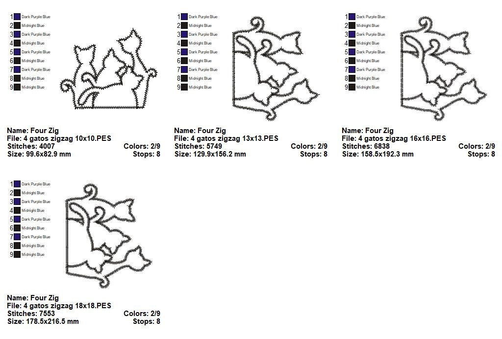 Matriz de Bordado 4 Gatinhos – Aplique em Ponto Zigzag Fofo