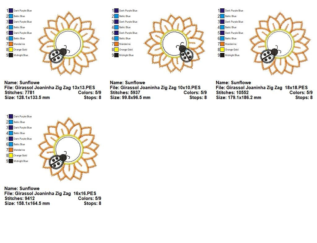 Matriz de Bordado Girassol com Joaninha Charmosa – Aplique Zig Zag