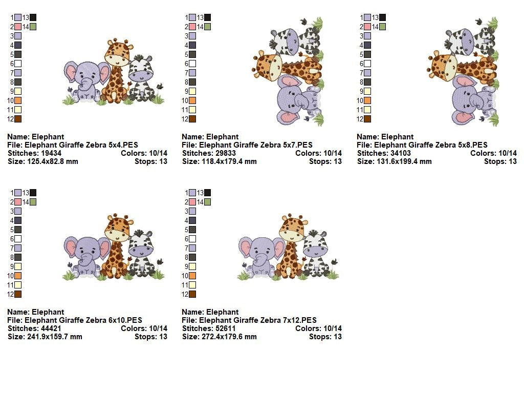 Matriz de Bordado Safari Amigos Elefante, Girafa e Zebra - Ponto Cheio