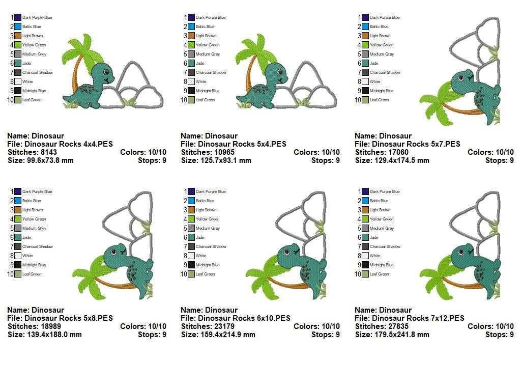 Matriz de Bordado Dinossauro com Palmeira e Rochas – Aplique