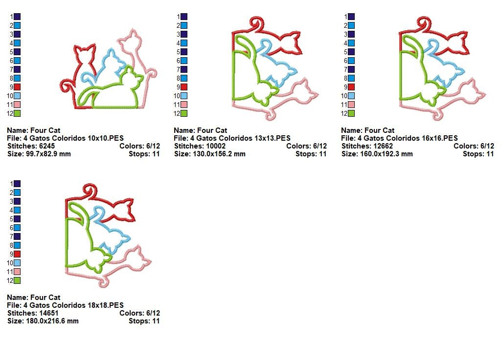 Matriz de Bordado 4 Gatinhos Coloridos – Aplique Fofo e Charmoso