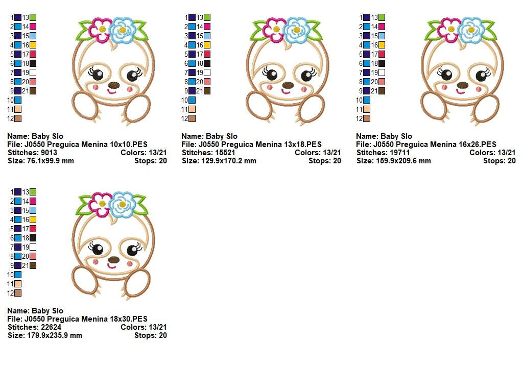 Matriz de Bordado Preguiça Fofinha com Tiara Floral – Aplique