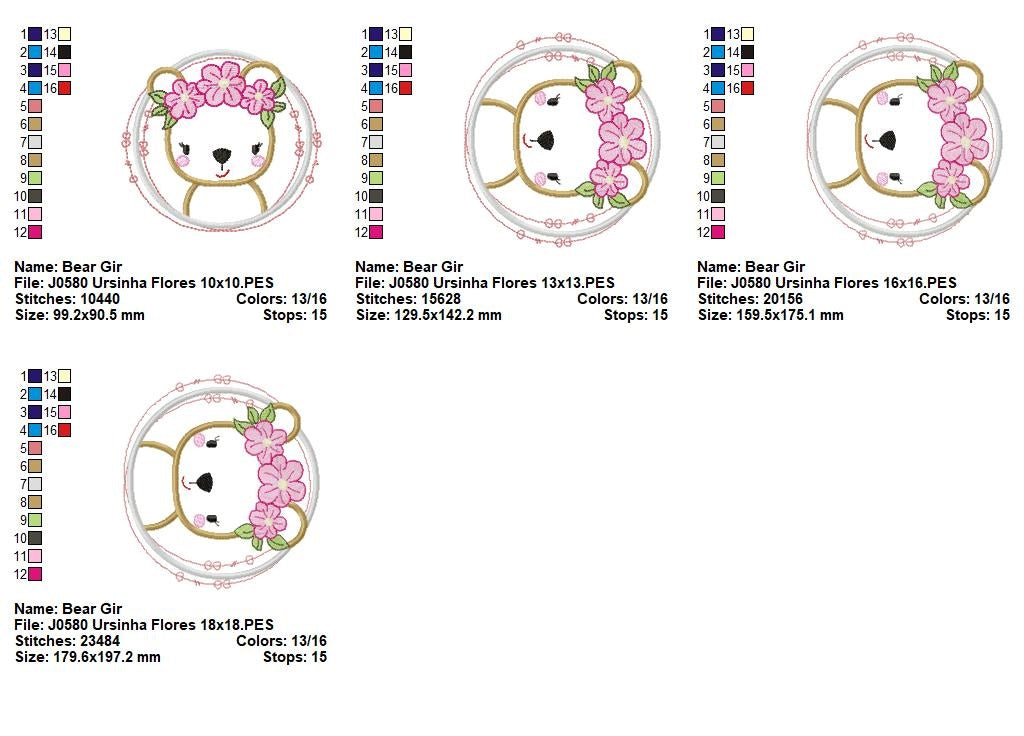Matriz de Bordado Ursinha com Flores na Moldura – Aplique