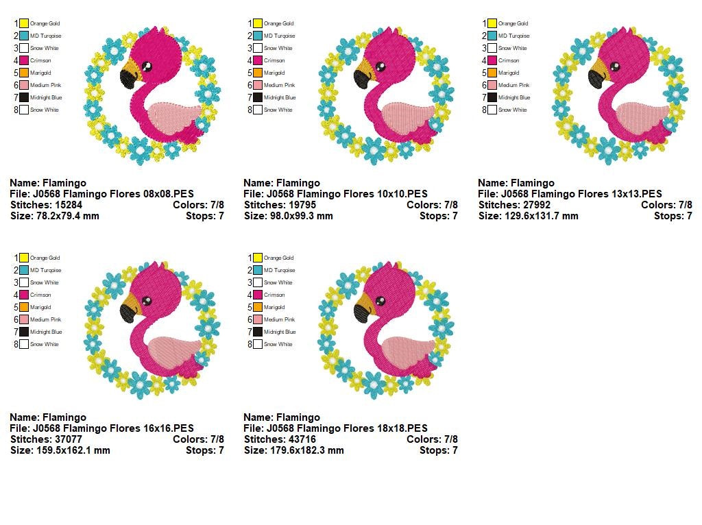 Matriz de Bordado Flamingo Charmoso em Moldura de Flores – Ponto Cheio