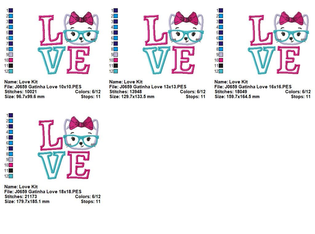 Matriz de Bordado Palavra LOVE com Gatinha Nerd – Ponto Aplique