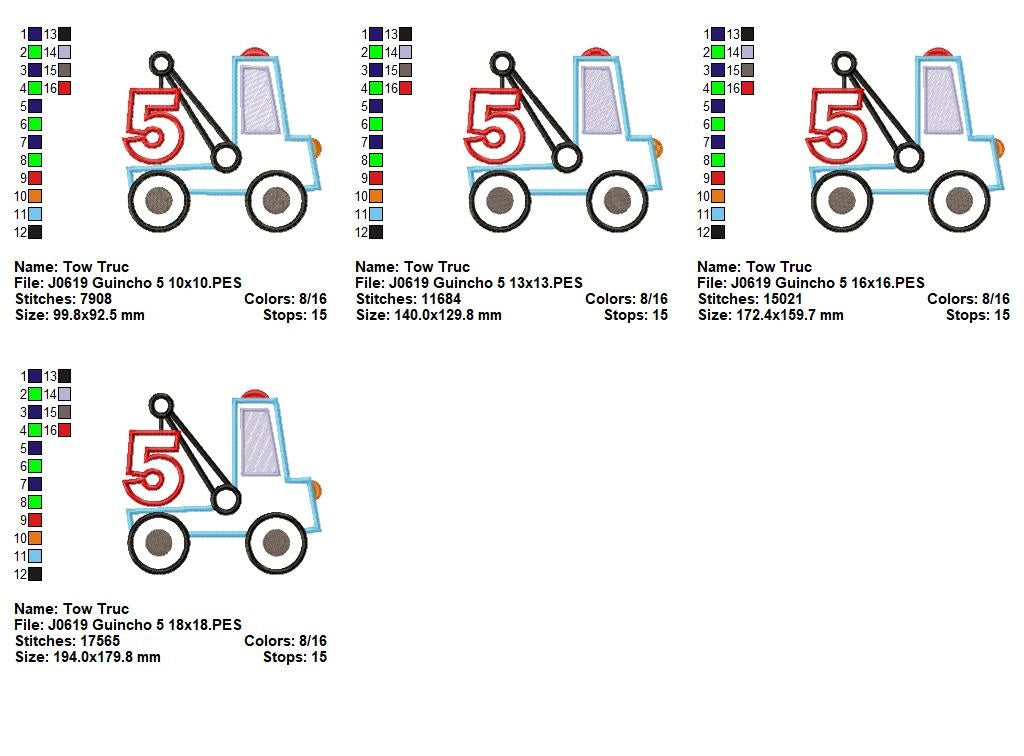 Matriz de Bordado Caminhão Guincho com Número 5 – Aplique