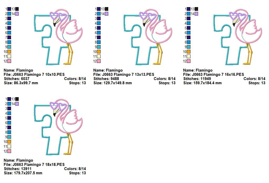 Matriz de Bordado Número 7 Tropical com Flamingo Fofo – Ponto Aplique