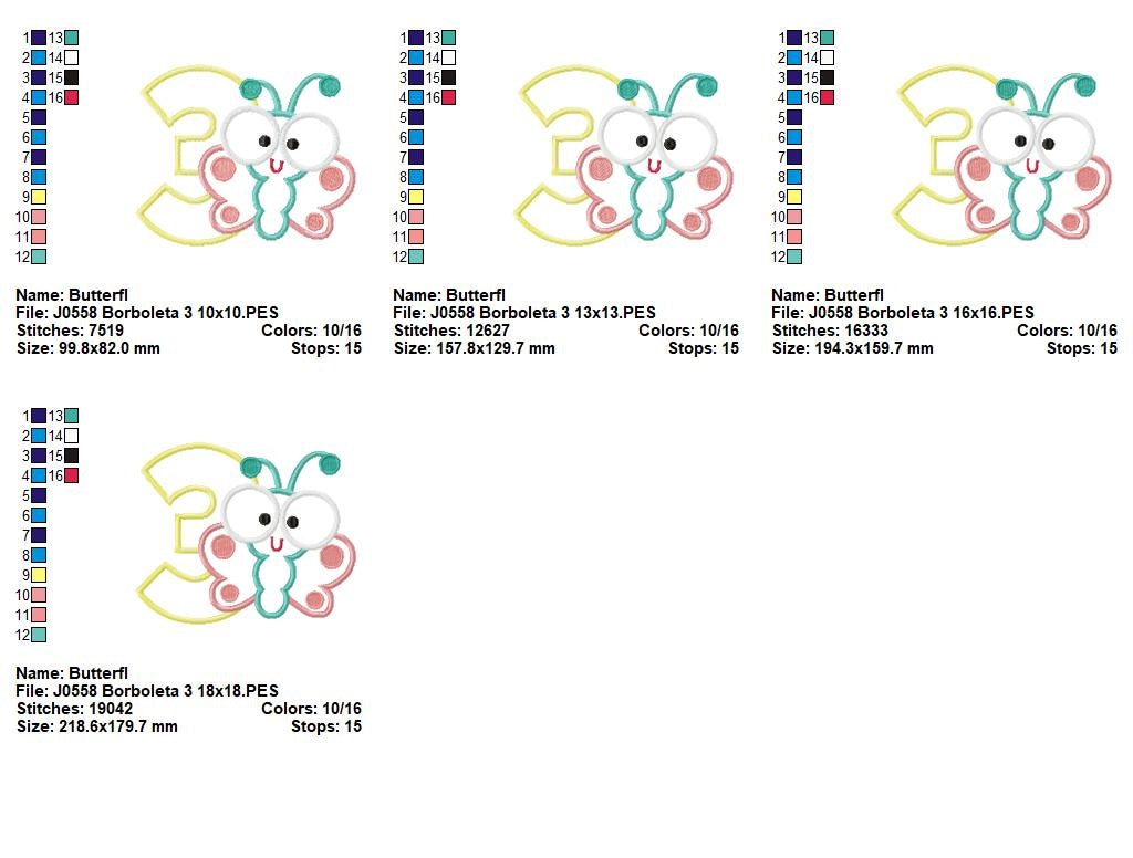 Matriz de Bordado Borboleta Baby com Número 3 – Aplique