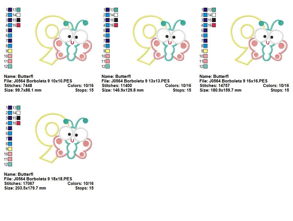 Matriz de Bordado Número 9 com Borboletinha Fofa – Aplique
