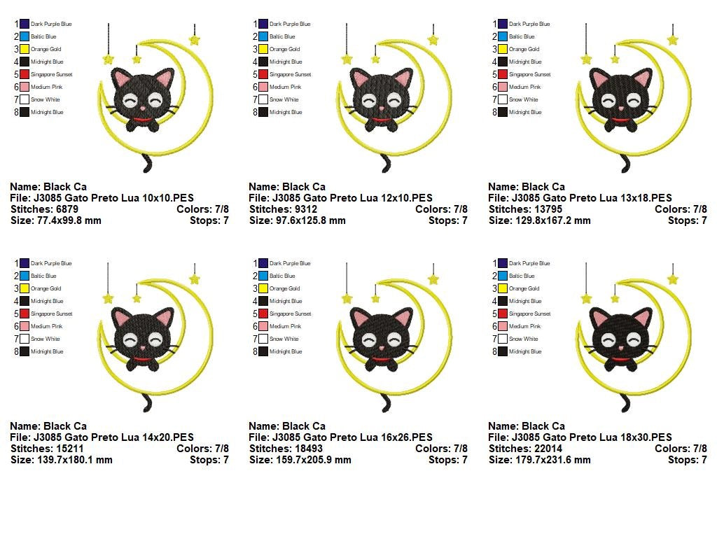 Matriz de Bordado Gatinho Preto Dorminhoco na Lua com Estrelas – Aplique