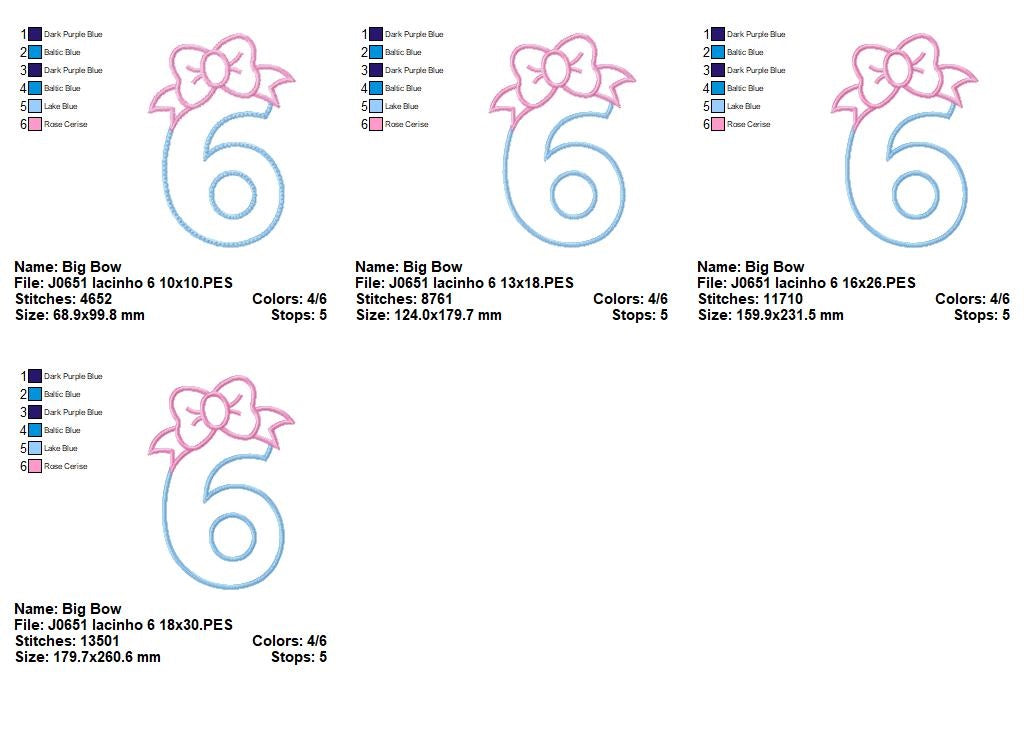 Matriz de Bordado Número 6 com Lacinho Fofo – Ponto Aplique