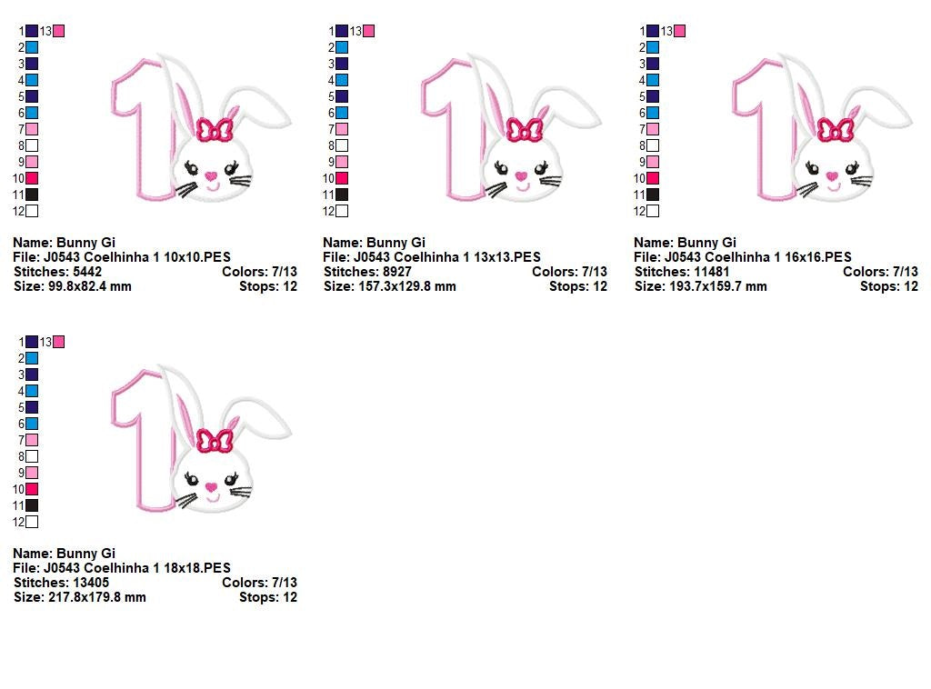 Matriz de Bordado Número 1 com Coelhinha Fofa – Aplique