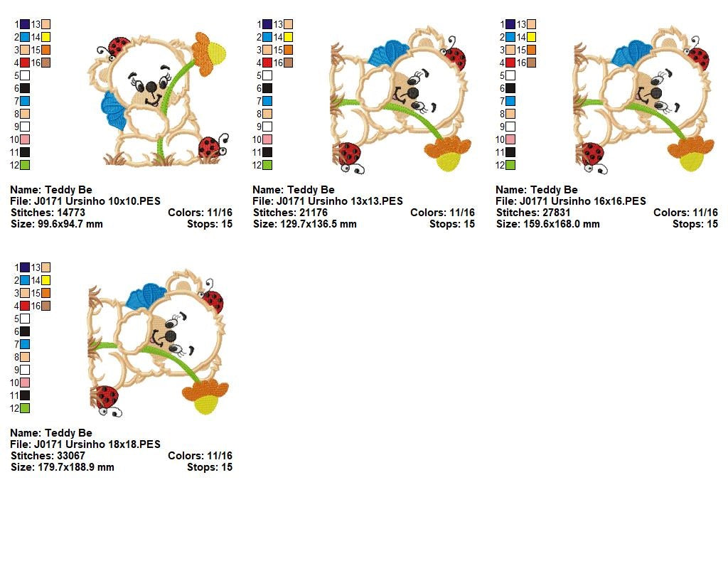 Matriz de Bordado Ursinho com Flor e Joaninhas – Aplique