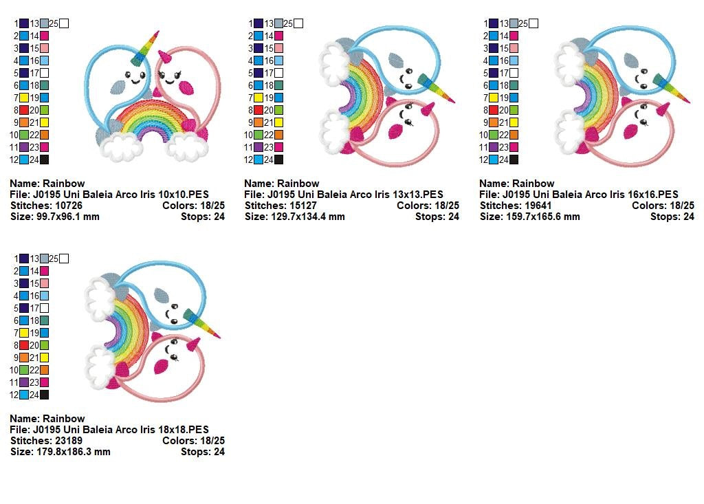 Matriz de Bordado Baleias Unicórnio com Nuvens e Arco-Íris – Aplique