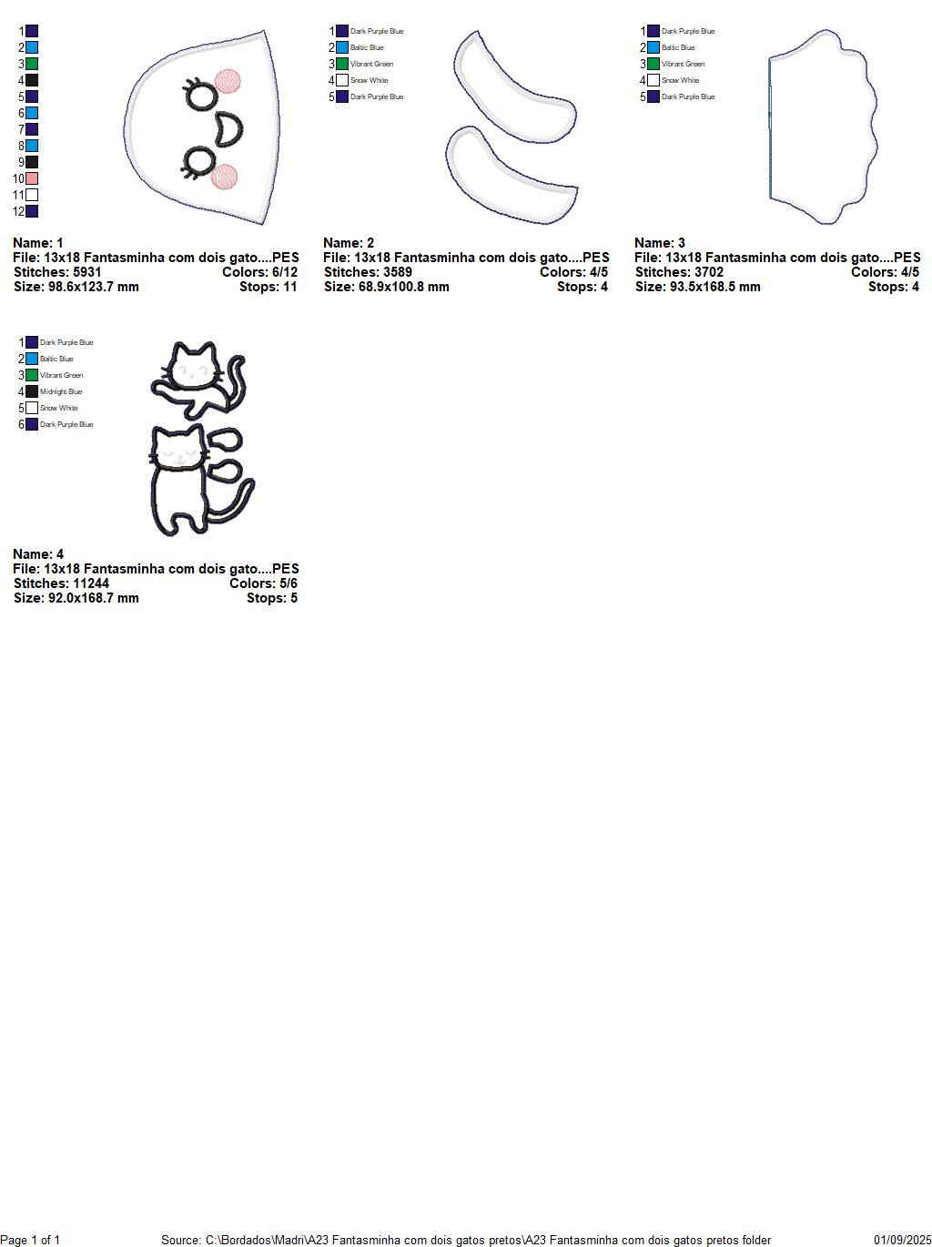 Matriz de Bordado Fantasma com Dois Gatos Pretos – Projeto ITH