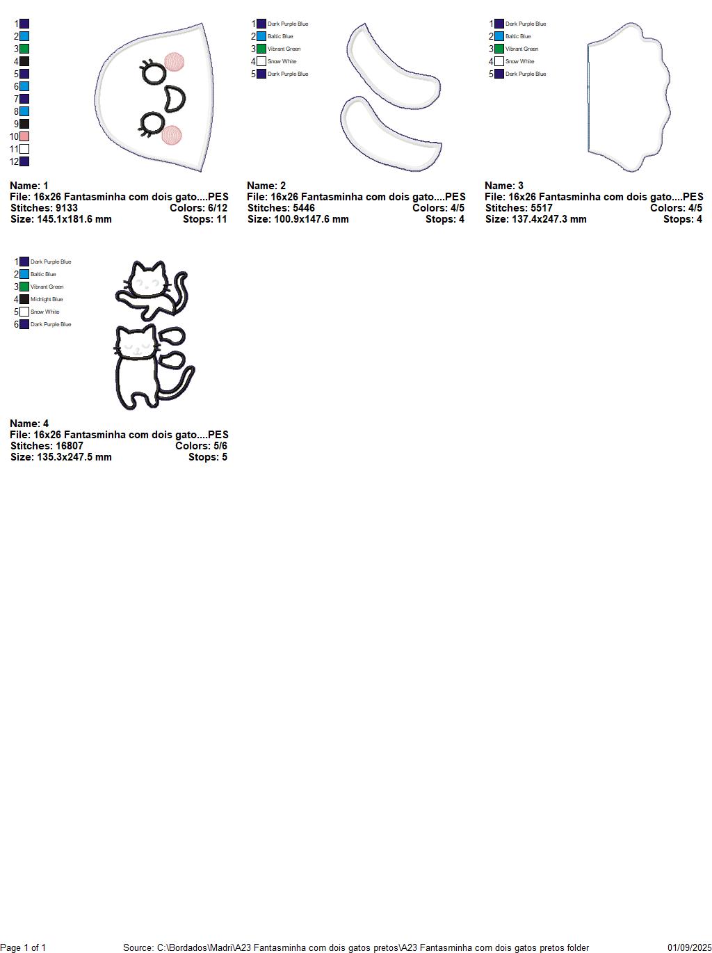 Matriz de Bordado Fantasma com Dois Gatos Pretos – Projeto ITH