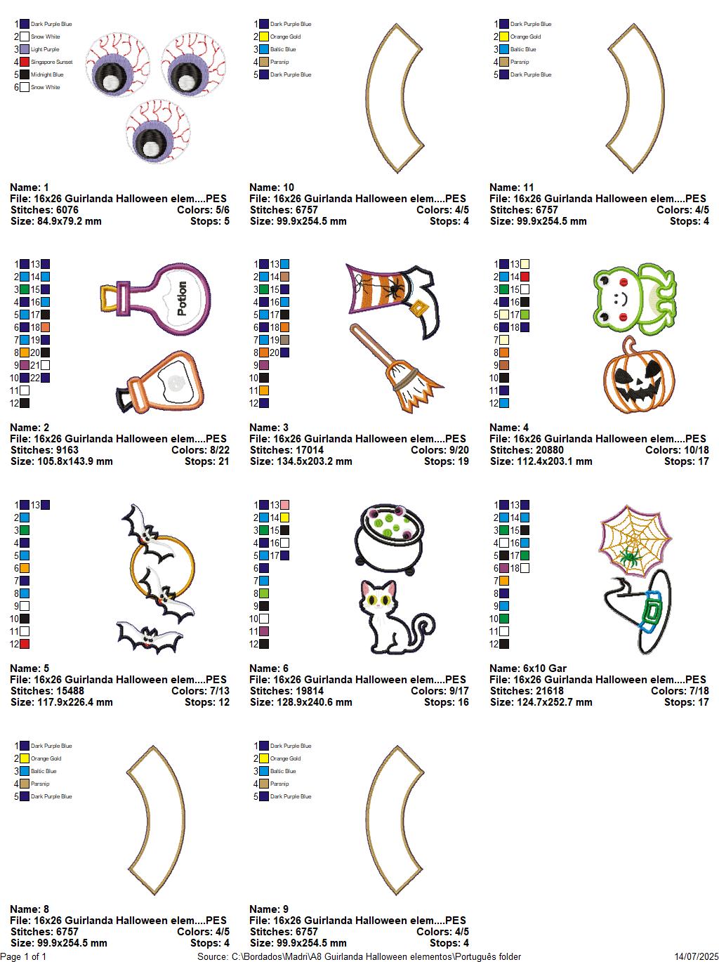 Matriz de Bordado Guirlanda Halloween Elementos – Projeto ITH