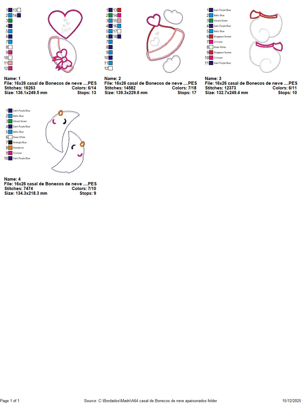 Matriz de Bordado Casal de Bonecos de Neve Apaixonados – Projeto ITH