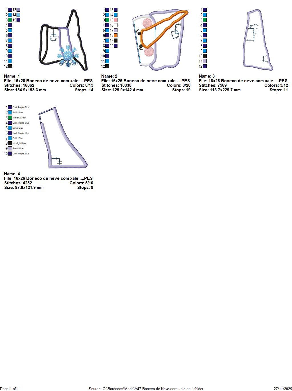 Matriz de Bordado Boneco de Neve com Xale Azul Enfeite de Porta – Projeto ITH
