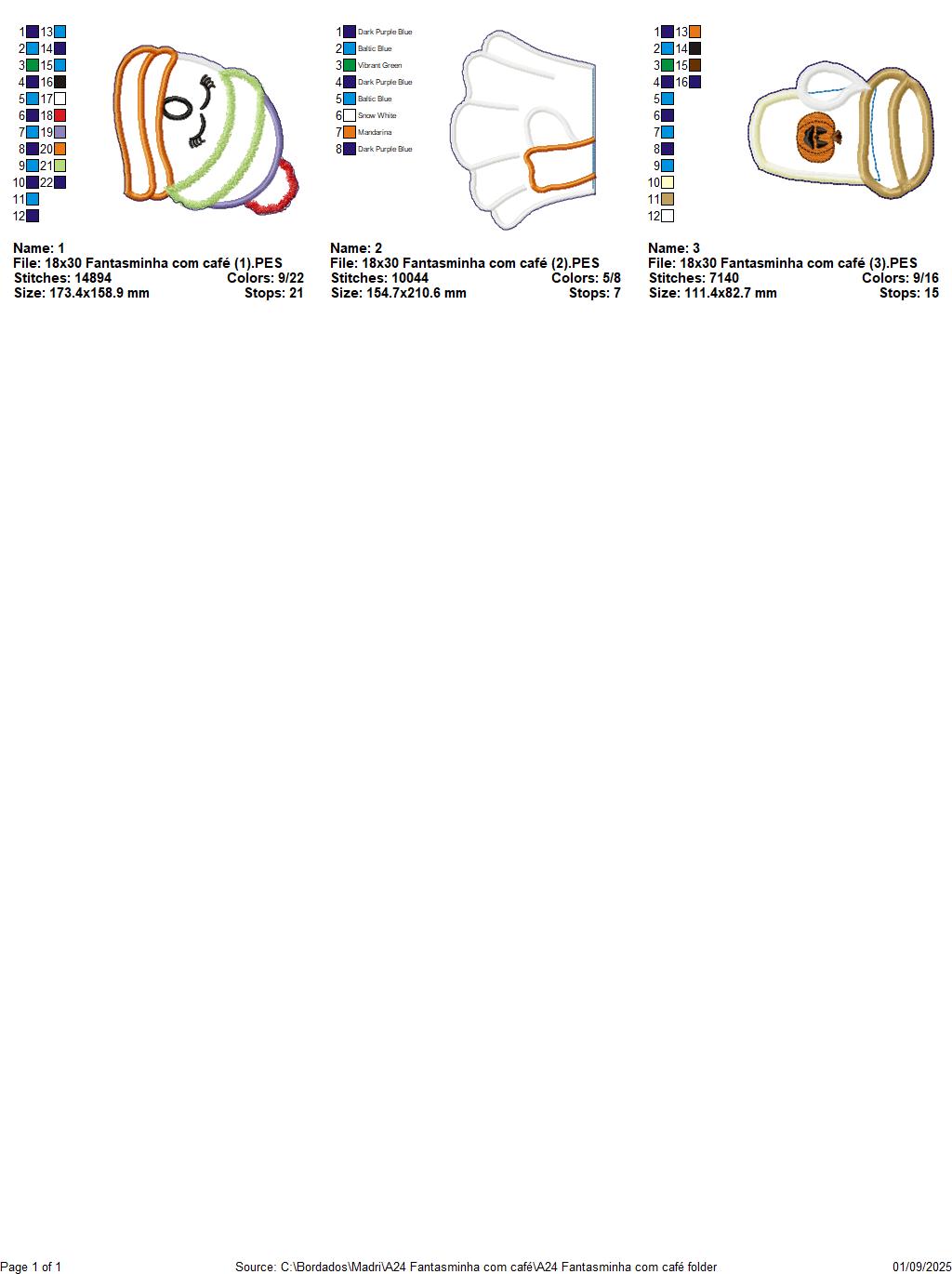 Matriz de Bordado Fantasminha com Café  – Projeto ITH