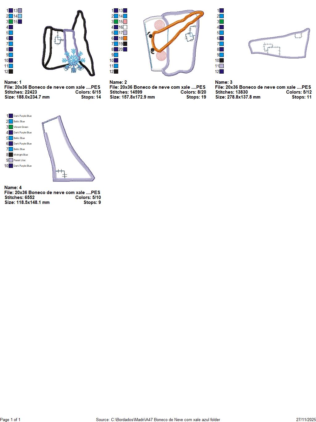 Matriz de Bordado Boneco de Neve com Xale Azul Enfeite de Porta – Projeto ITH