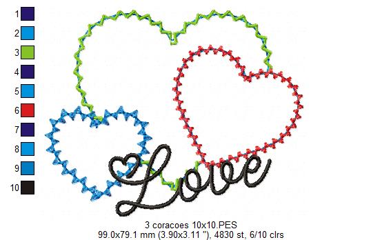 Matriz de Bordado 3 Corações com Love – Aplique Zig Zag Romântico
