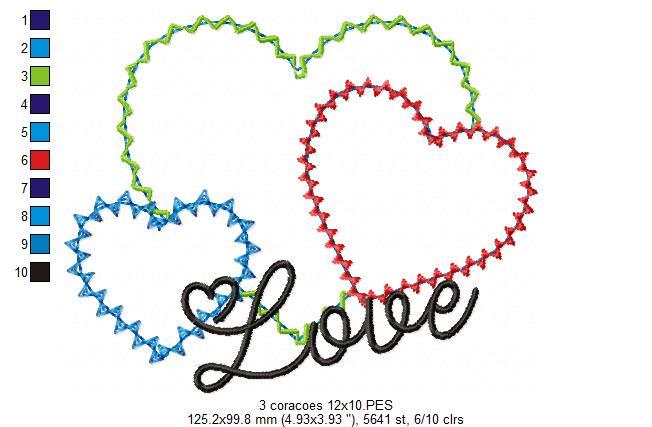 Matriz de Bordado 3 Corações com Love – Aplique Zig Zag Romântico