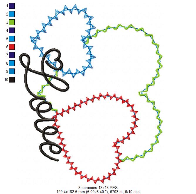 Matriz de Bordado 3 Corações com Love – Aplique Zig Zag Romântico