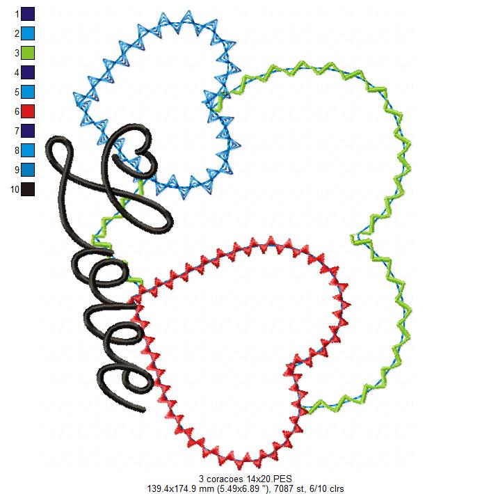 Matriz de Bordado 3 Corações com Love – Aplique Zig Zag Romântico