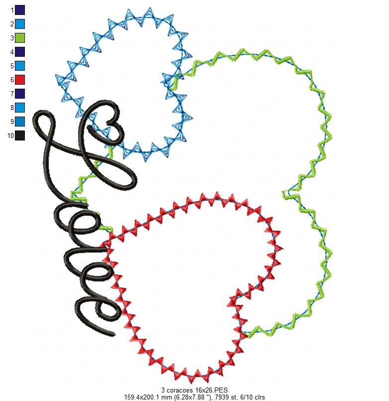 Matriz de Bordado 3 Corações com Love – Aplique Zig Zag Romântico