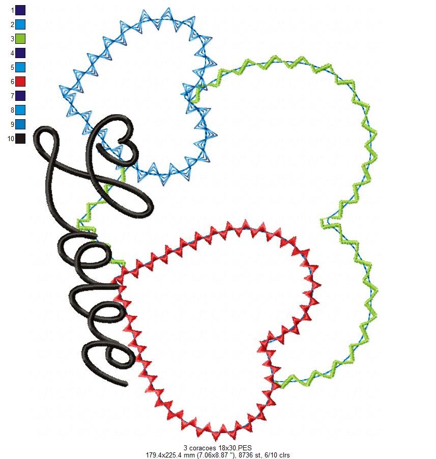 Matriz de Bordado 3 Corações com Love – Aplique Zig Zag Romântico