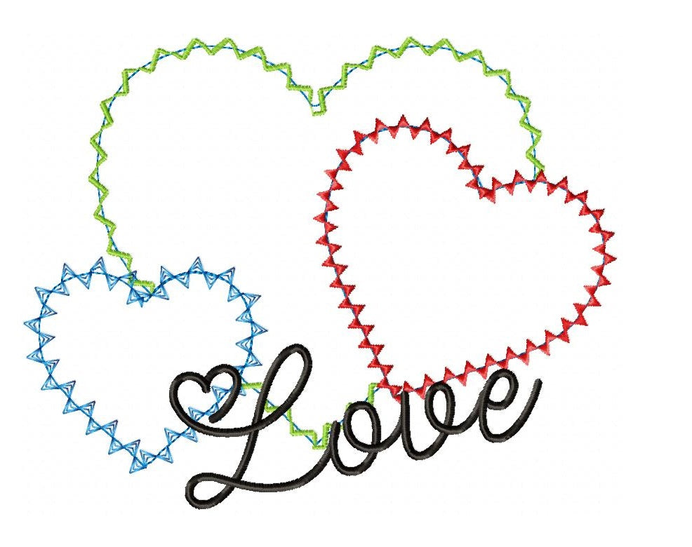 Matriz de Bordado 3 Corações com Love – Aplique Zig Zag Romântico