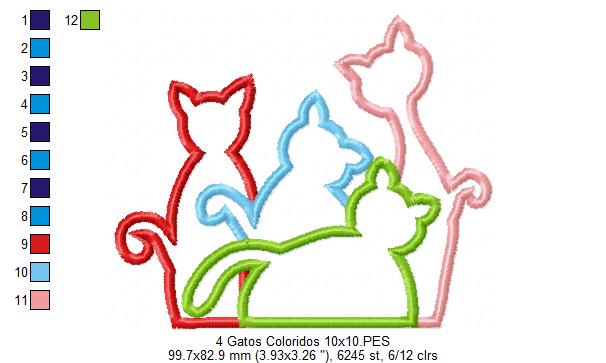 Matriz de Bordado 4 Gatinhos Coloridos – Aplique Fofo e Charmoso
