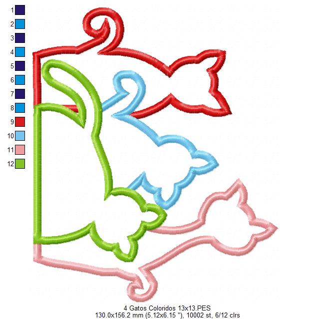 Matriz de Bordado 4 Gatinhos Coloridos – Aplique Fofo e Charmoso