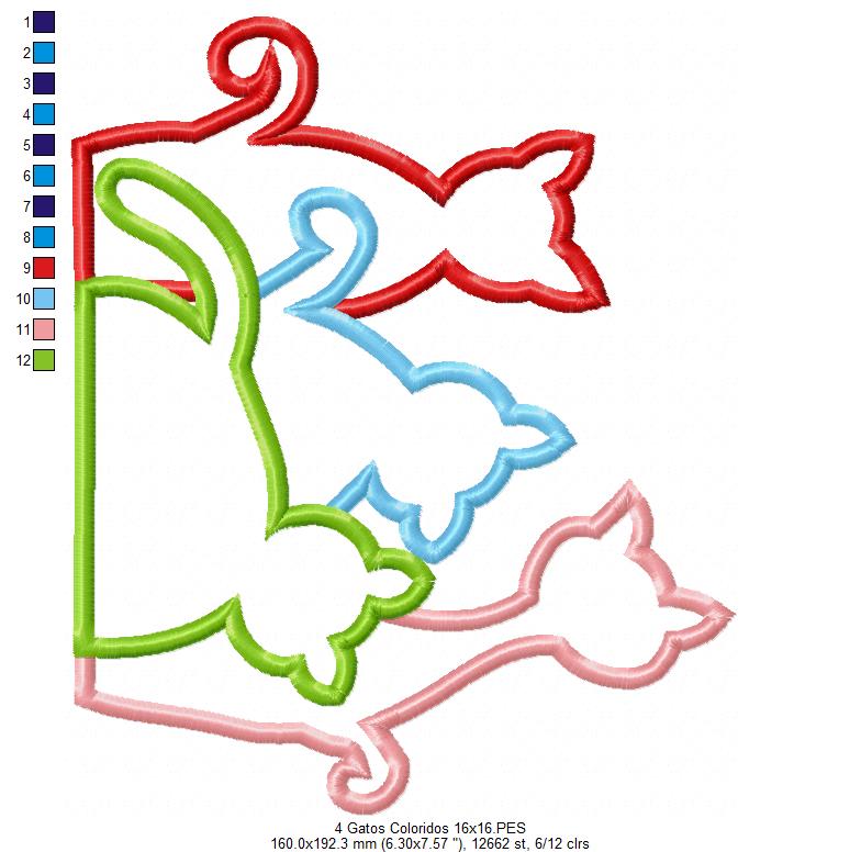 Matriz de Bordado 4 Gatinhos Coloridos – Aplique Fofo e Charmoso