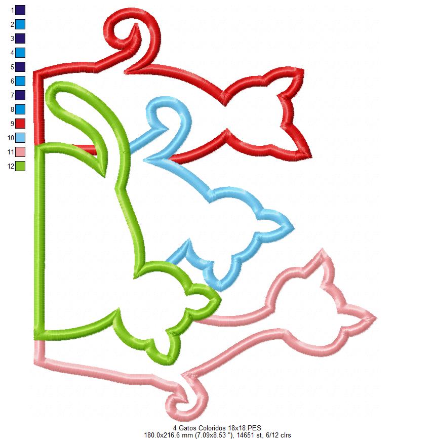 Matriz de Bordado 4 Gatinhos Coloridos – Aplique Fofo e Charmoso