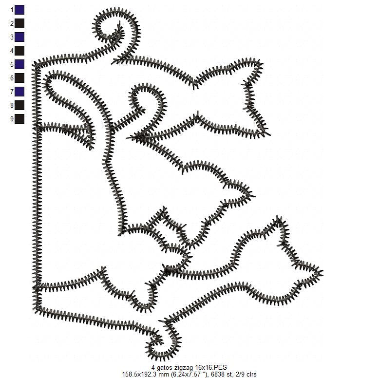 Matriz de Bordado 4 Gatinhos – Aplique em Ponto Zigzag Fofo