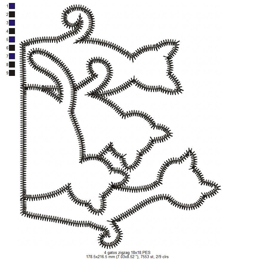 Matriz de Bordado 4 Gatinhos – Aplique em Ponto Zigzag Fofo