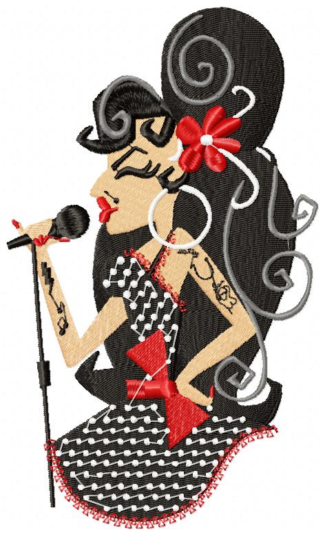 Matriz de Bordado Diva do Jazz com Flor Vermelha – Ponto Cheio