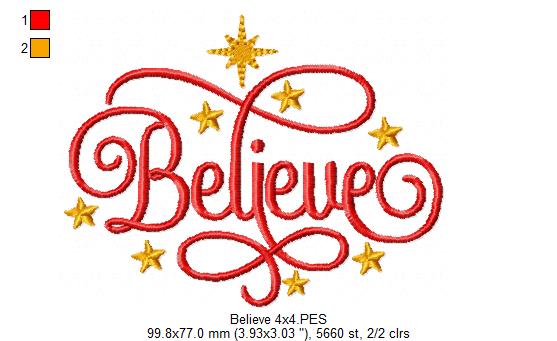 Matriz de Bordado Believe com Estrelas Natalinas – Ponto Satim
