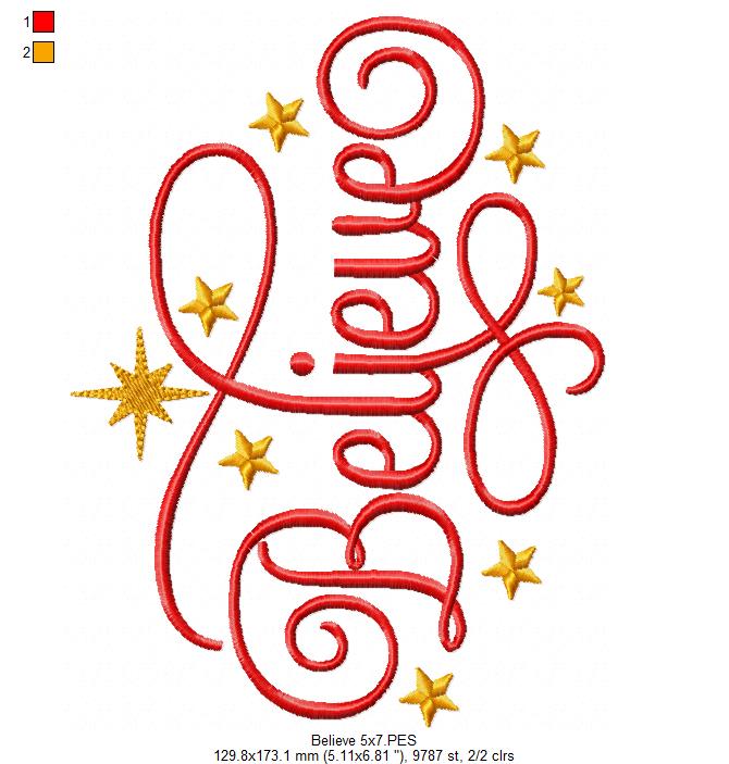 Matriz de Bordado Believe com Estrelas Natalinas – Ponto Satim