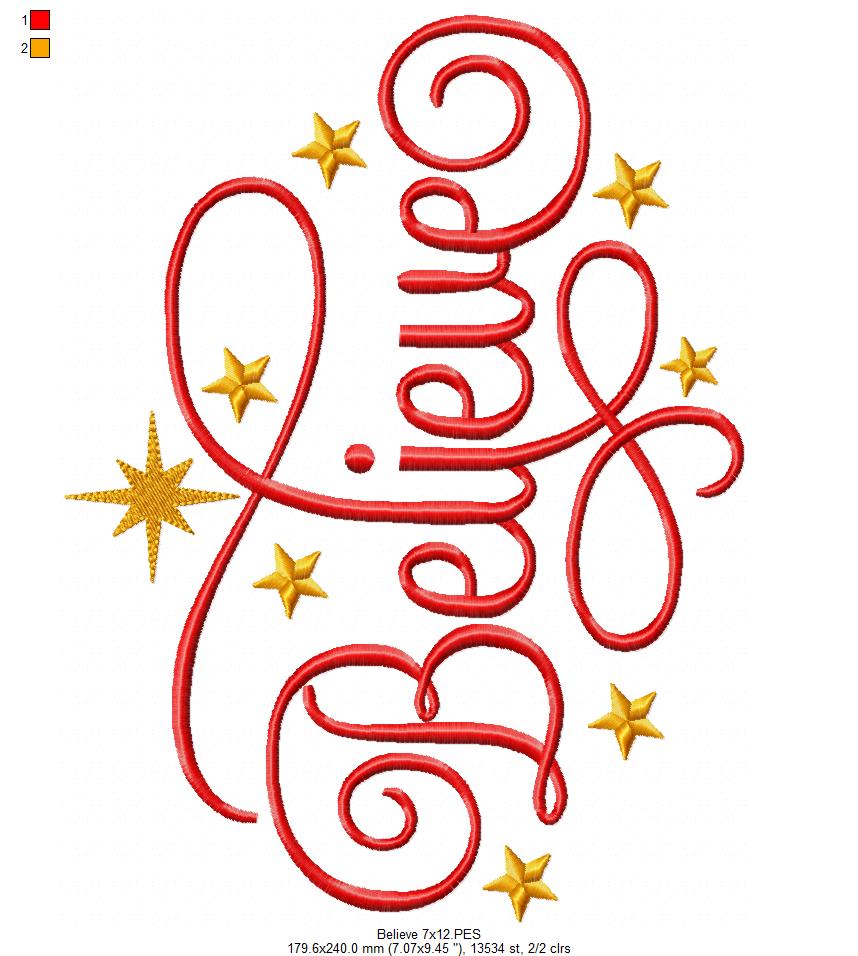 Matriz de Bordado Believe com Estrelas Natalinas – Ponto Satim