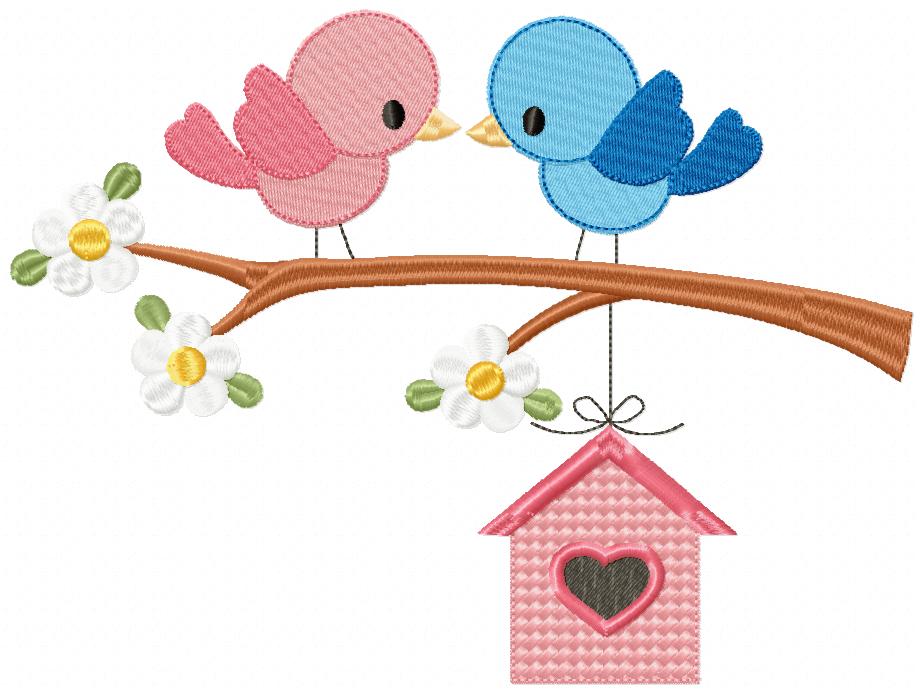 Matriz de Bordado Passarinhos no Galho com Coração – Ponto Cheio