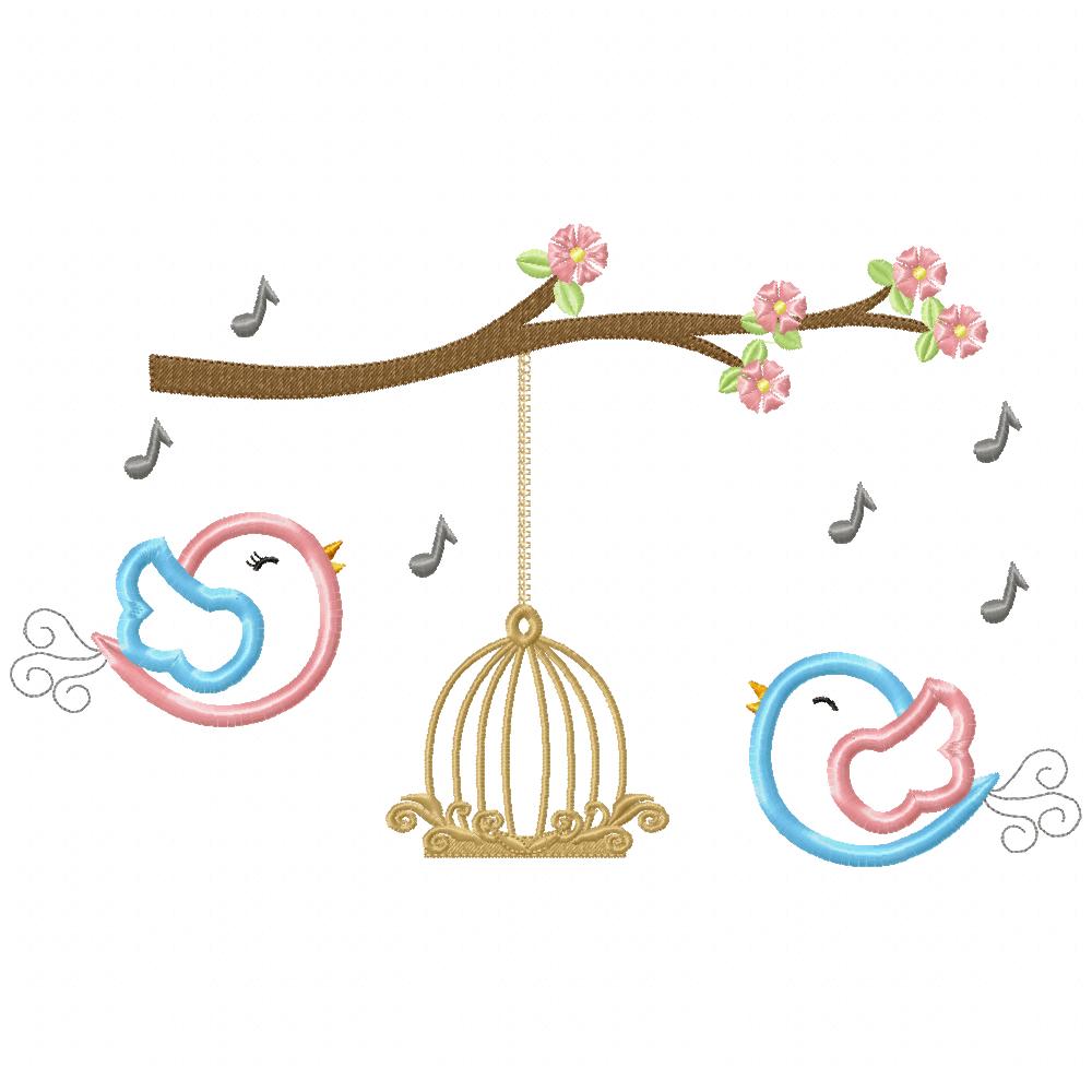 Matriz de Bordado Passarinhos Cantando no Galho – Aplique