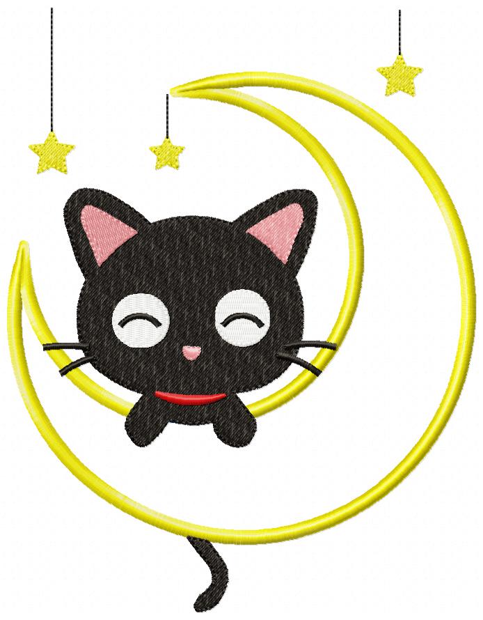 Matriz de Bordado Gatinho Preto Dorminhoco na Lua com Estrelas – Aplique