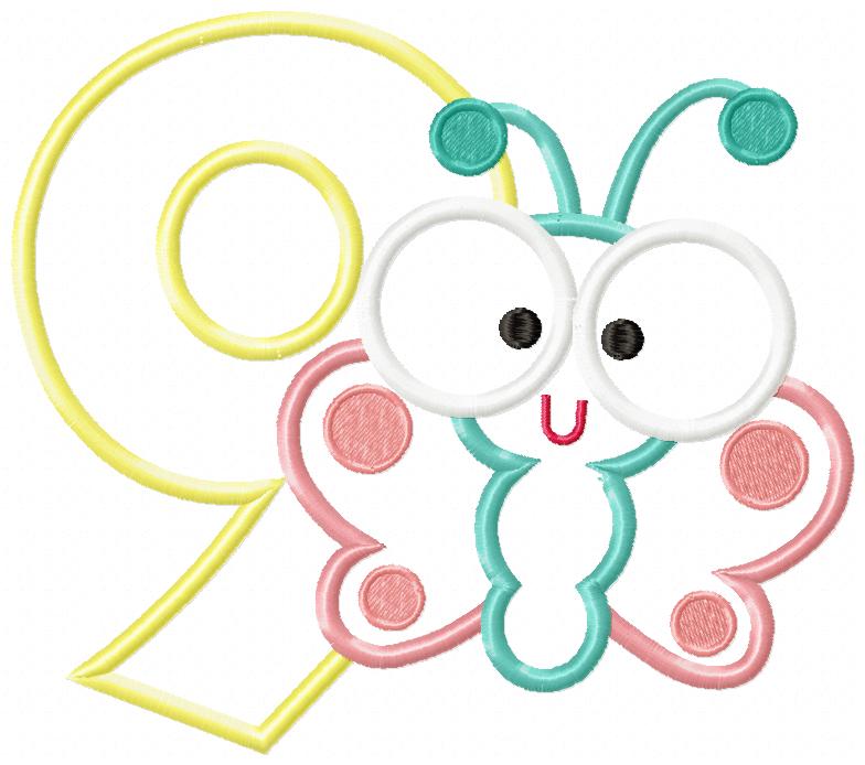 Matriz de Bordado Número 9 com Borboletinha Fofa – Aplique