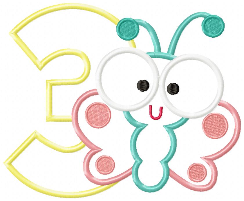 Matriz de Bordado Borboleta Baby com Número 3 – Aplique
